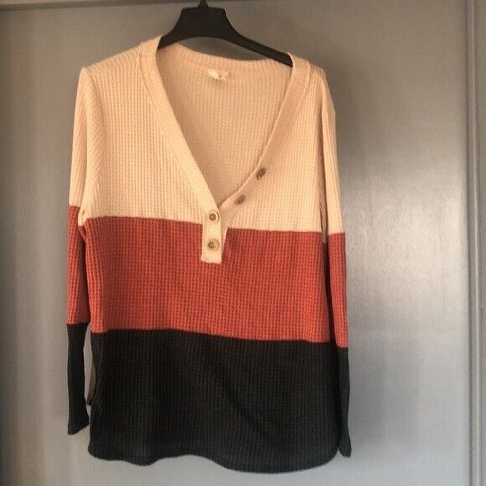 BIBI Color Block Waffle Knit Henley Sweater Size 3X long sleeves